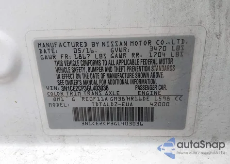 2016 Nissan Versa Note S (Sr)/S Plus/Sl/Sr/Sv z USA, uszkodzony, nr VIN 3N1CE2CP3GL403036